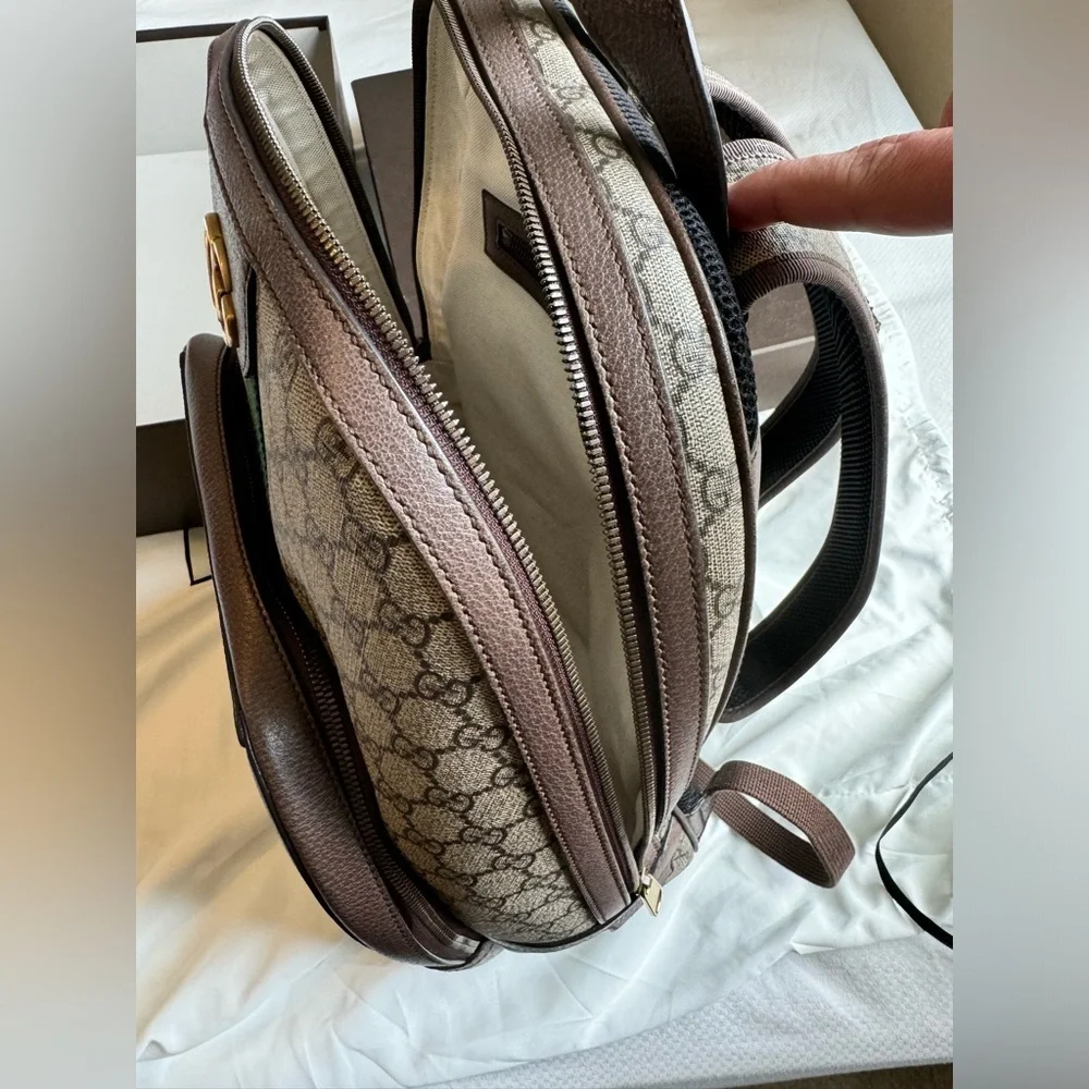 Gucci Beige GG Canvas Backpack with Brown Leather and Red/Green Web